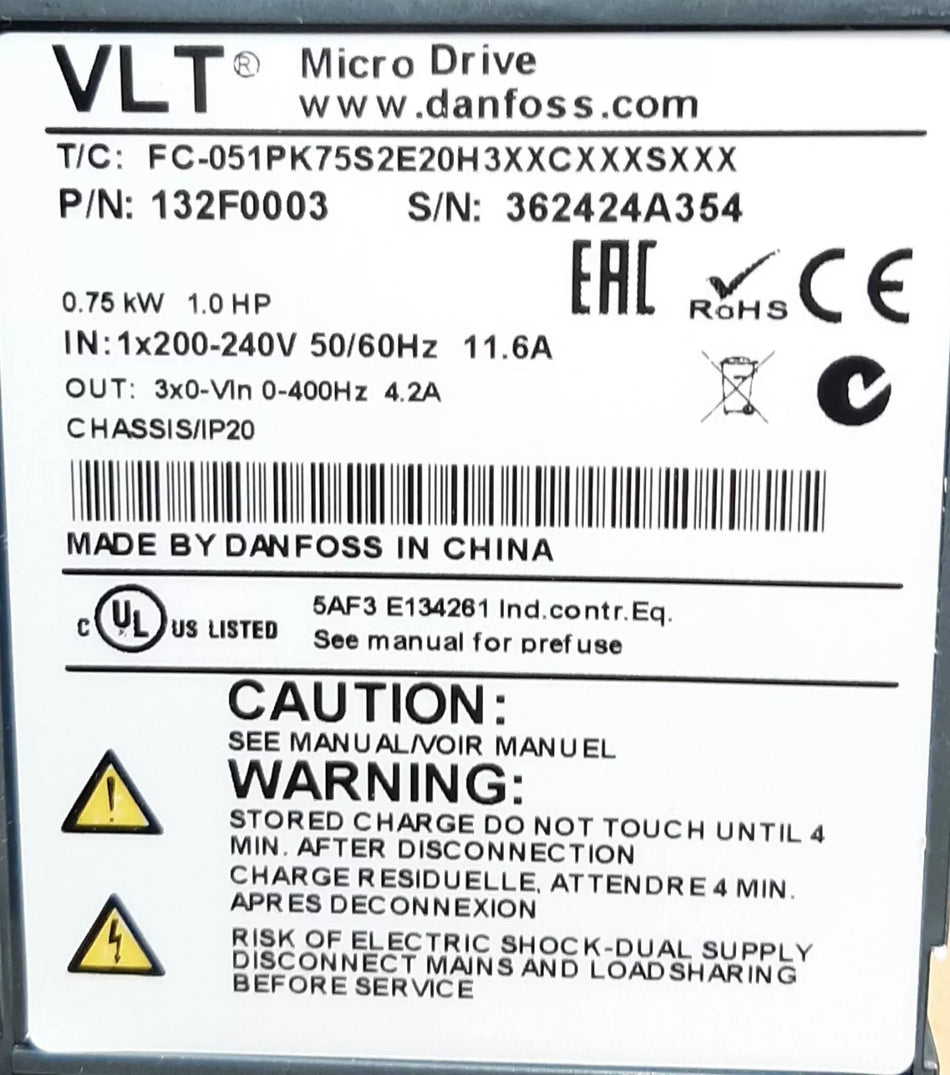 Danfoss Frequenzumrichter FC-051PK75S2E20H3XXCXXXSXXX / 200-240V/ 0.75KW/NEU+OVP