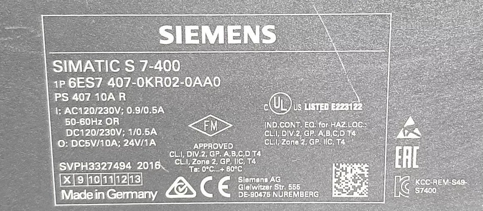 Siemens Simatic S7-400 6ES7 407-0KR02-0AA0 / 6ES7407-0KR02 Stromversorgung 10A