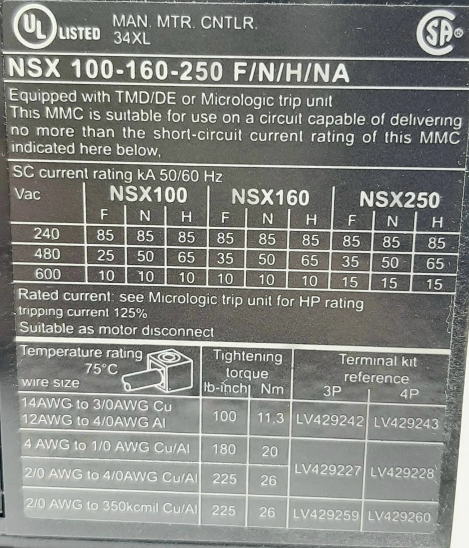 Schneider Electric circuit breaker NSX100-160-250 F/N/H/ NA / New with accessories